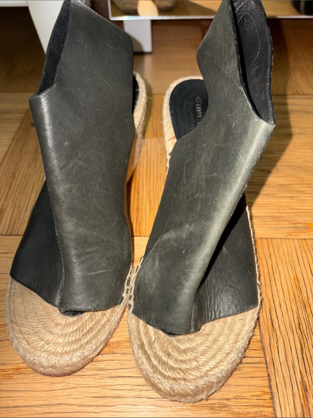 CELINE Black Leather Open-Toe Thong Espadrille Wedge Sandal 37